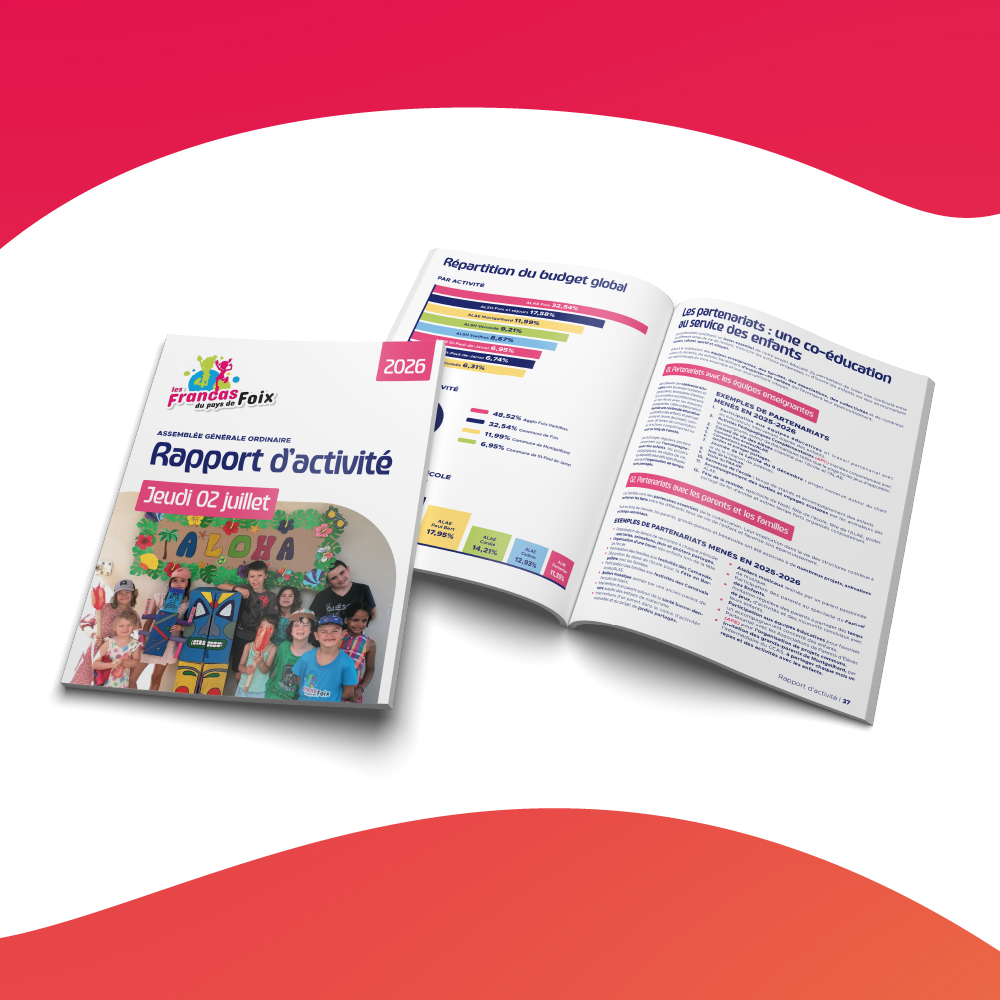 Couverture du rapport d'activité des Francas du Pays de Foix réalisée par Agence Sur-Mesure.